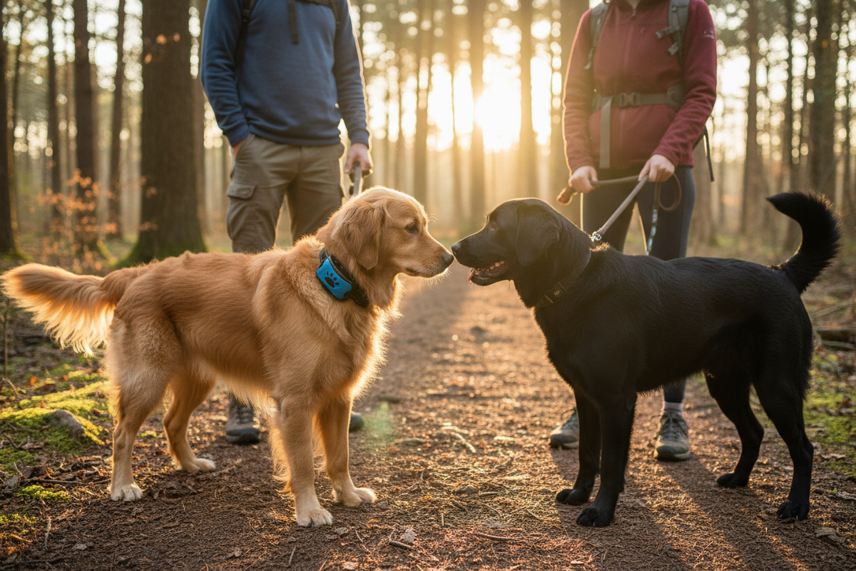 Deux chiens en forêt heure dorée